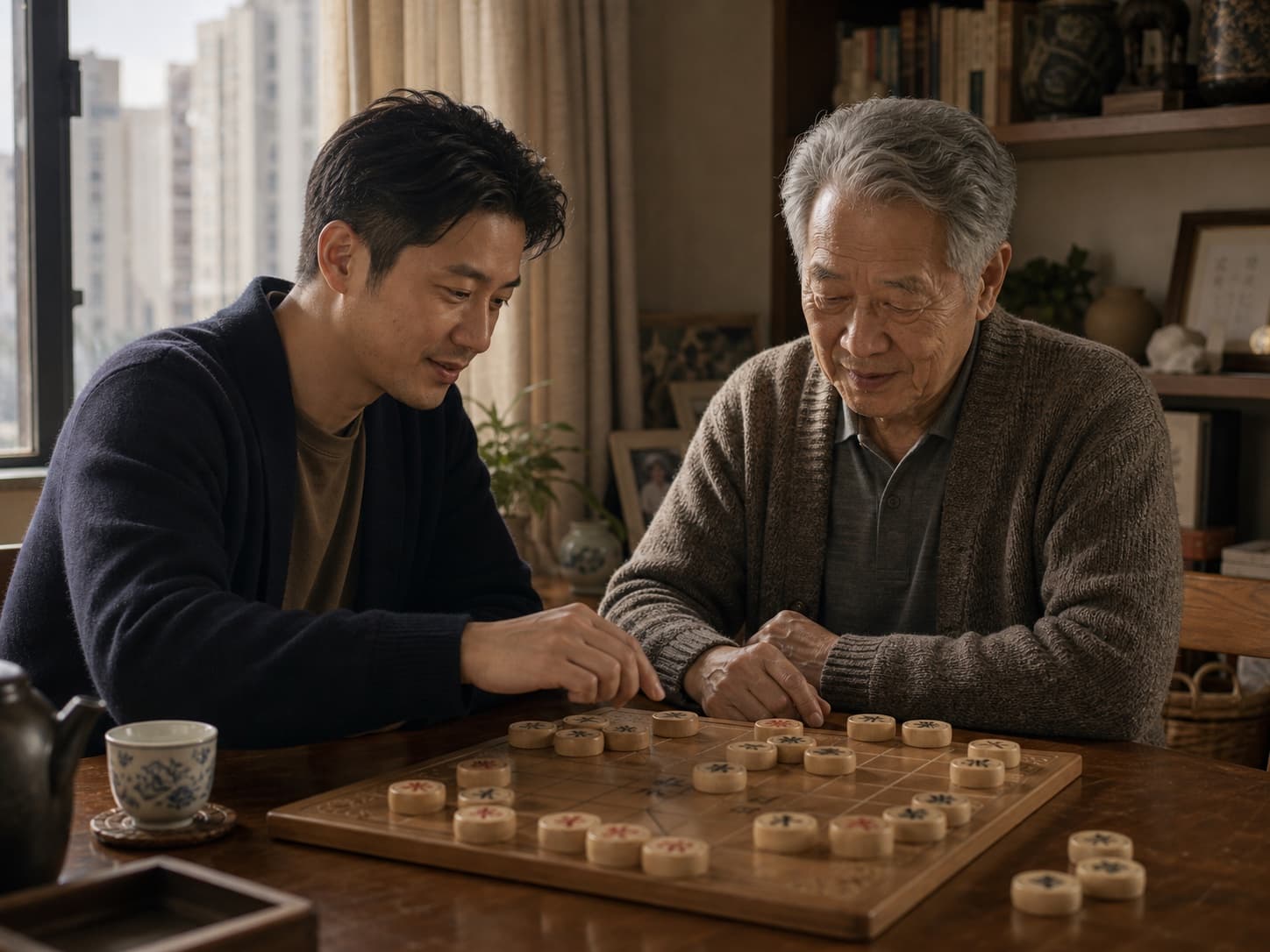 男陪伴員陪男長者在香港家中下象棋